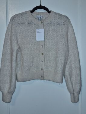 New Tags & Other Stories Cream Eyelet Knit Heart Button Cardigan, Size S